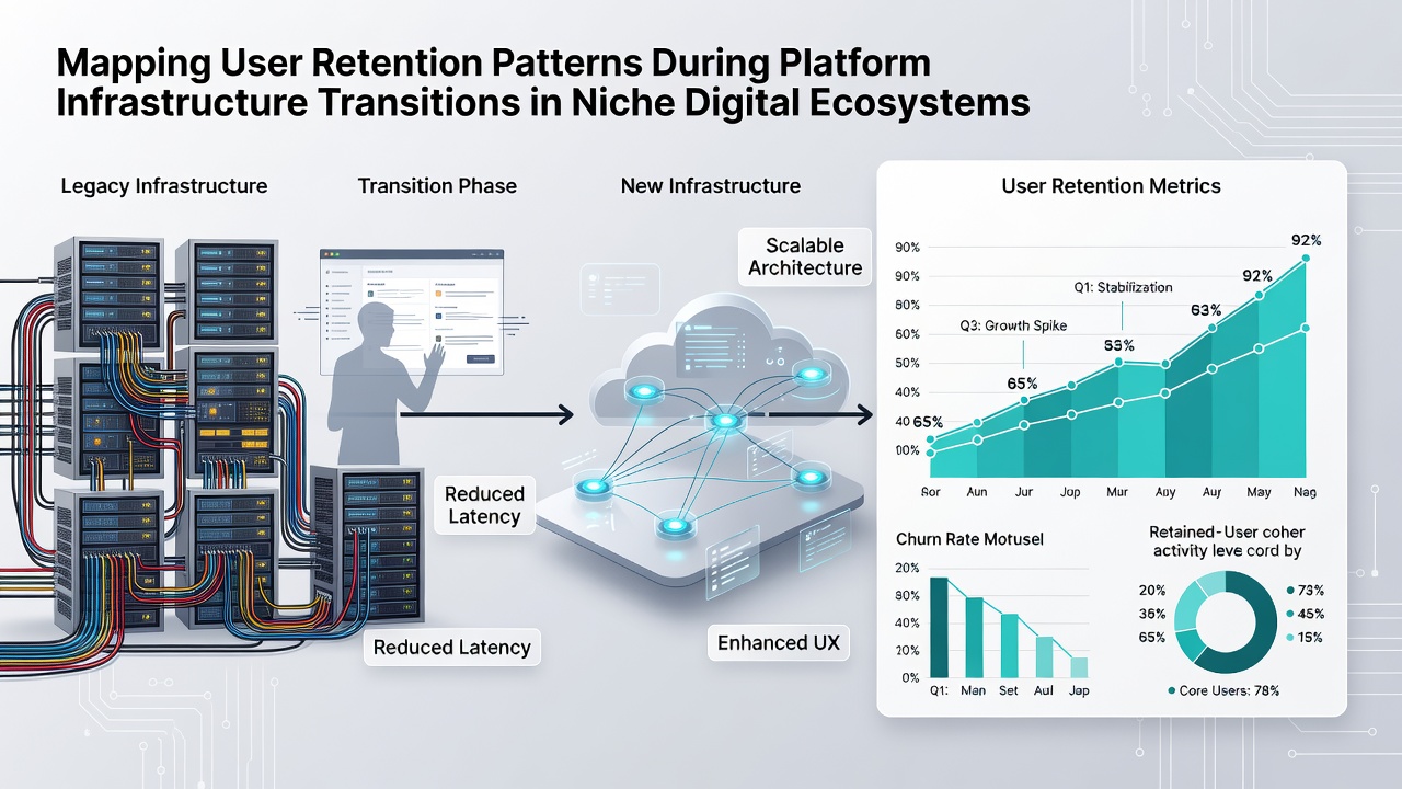Charts displaying retention metrics across multiple niche platform migration events